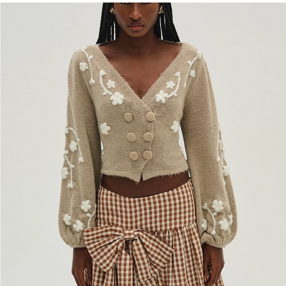 For Love And Lemons Beige V-Neck Floral Appliqué Sweater